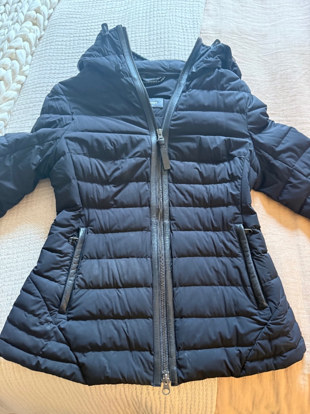 Mackage Black Leather-Trim Hooded Puffer Coat Size S